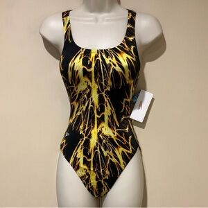 Speedo Gold and Black One Piece Xtra Life Lycra Swim Suit - Sizes 00-2 - 90s/Y2K